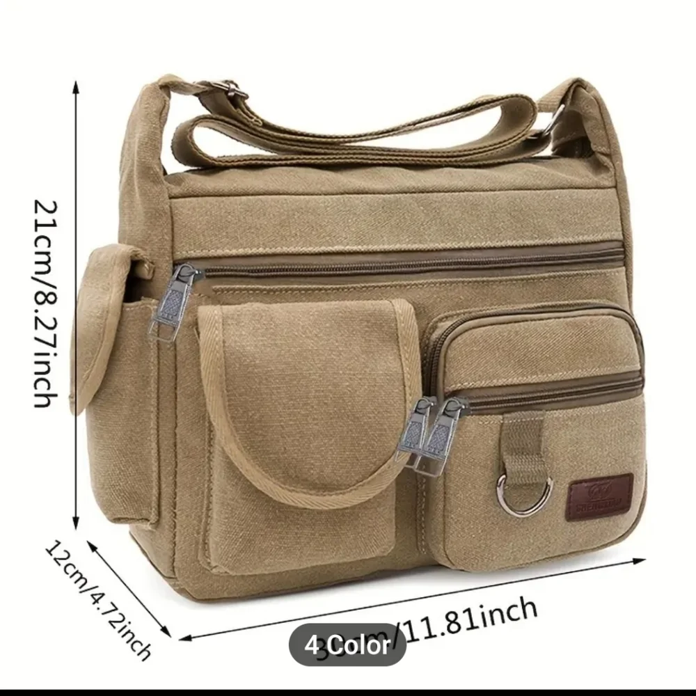 Mens New Tan Canvas Multi pocket Messenger Bag - Picture 2 of 3